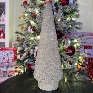 15 1/2” Medium Beaded Silver Glam Glass Light Up Christmas Tree Home Decor